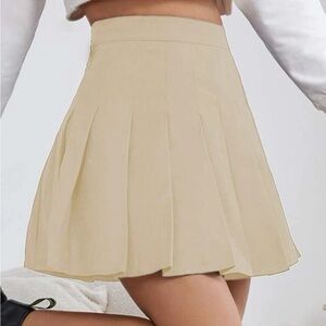 High Waist Solid Pleated Skirt Beige